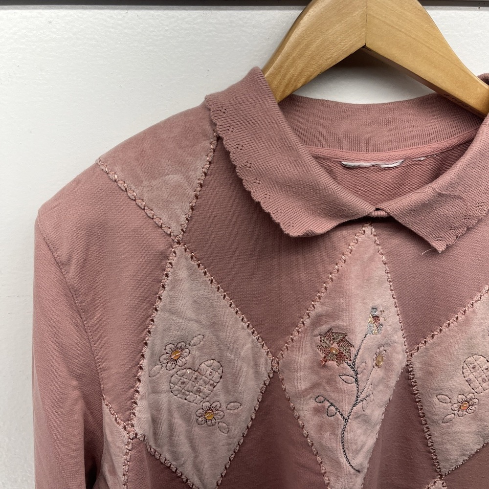 Vintage Women's L Patchwork Heart Valentines Floral Pink Collared Sweatshirt - Picture 7 of 12